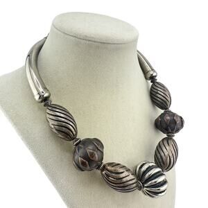 Vintage Chunky Funky Tri Tone Unique Textured Beads Choker 17” Necklace